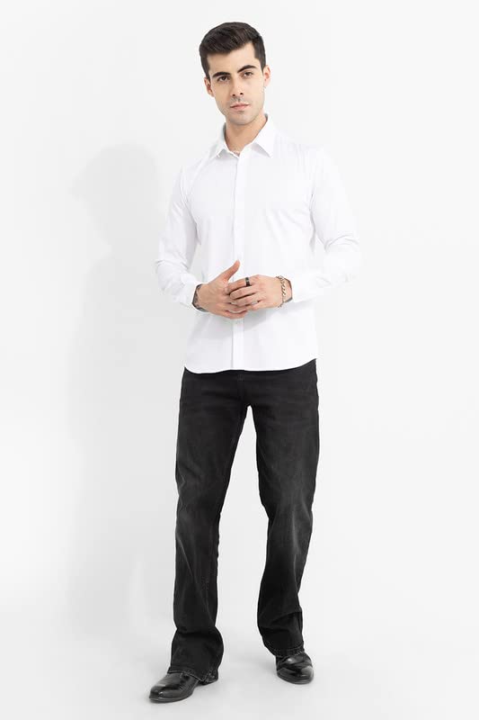 Image of SNITCH Cotton Blend Men's Slim Fit Linen Shirt (White, S)