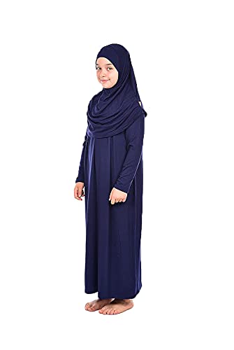 One-Piece Muslim Dress for Girls Long Sleeve Islamic Prayer Dress with Head Scarf for Muslim Girls Jilbab Hijab Muslim Girls Fashion Abayas Size : 8-12 Years Old Color: Navy Blue