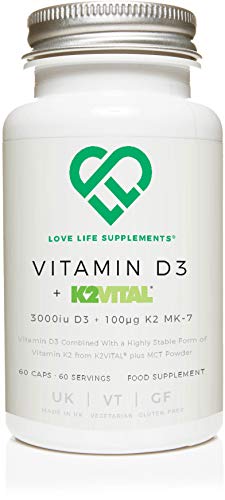 Vitamine D3 + vitamine K2 (MK-7) de LLS | 3000 iu de vitamine D3 + 100 ?g de vitamine K2 VITAL® MK-7 | Comprend de la poudre TCM | Compléments alimentaire Love Life