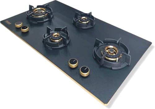 Hindware IVANA 4B 90 CM | Built in Hob With Flame Failure Device | Frost Glass with Golden Coated SS Strips | Gold Metallic Finish & Jet Black Knobs - Image 2