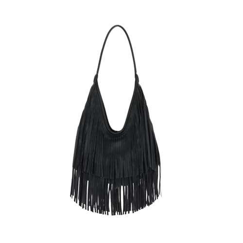 LUI SUI Bolsas Hobo Fringe para mulheres, vintage, com franja, preta, bolsa de ombro com borlas ocidentais, Preto, One Size