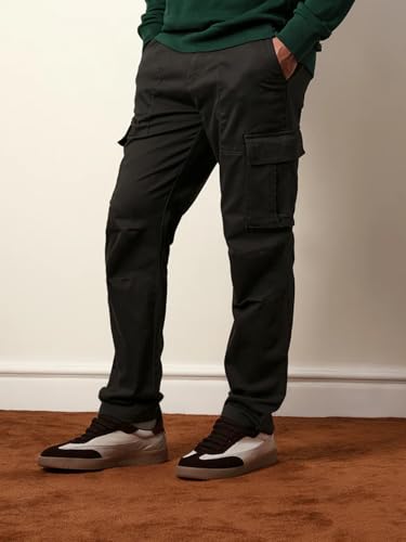 Image of Vogaan Men Solid Relaxed Fit Cotton Blend Cargo Trousers with Utility Pocket