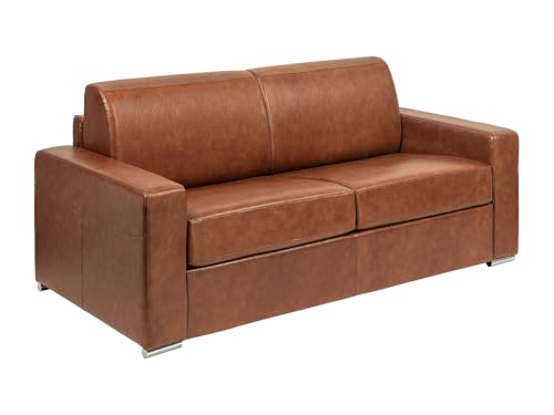Vente-unique - Canapé 4 Places Convertible Express en Cuir de Buffle Vintage Caramel - Couchage 160 cm - Matelas 18 cm CALITO