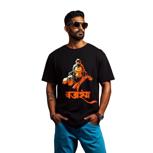 Image of prabhu bhakti Men's Oversized Bajrangbali BlackT-Shirt | Drop Shoulder Pure Cotton Oversized Tshirt for Men