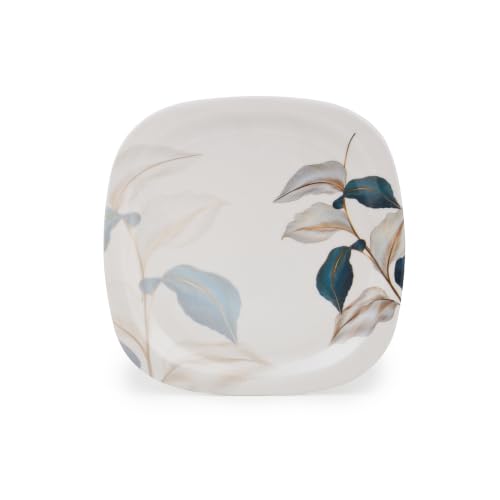 Image of Golden Fish Melamine Square Dinner Set of 18 (6 Plates + 6 Veg Bowls + 6 Half Plates) | Blue-Grey Botanical Leaf Print | Unbreakable, Dishwasher & Microwave Safe