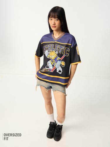 Image of The Souled Store Garfield: Women and Girls Short Sleeves V-Neck Purple and Black Graphic Printed Polyester Quick-Dry Breathable Streetwear Athletic Oversized Jersey