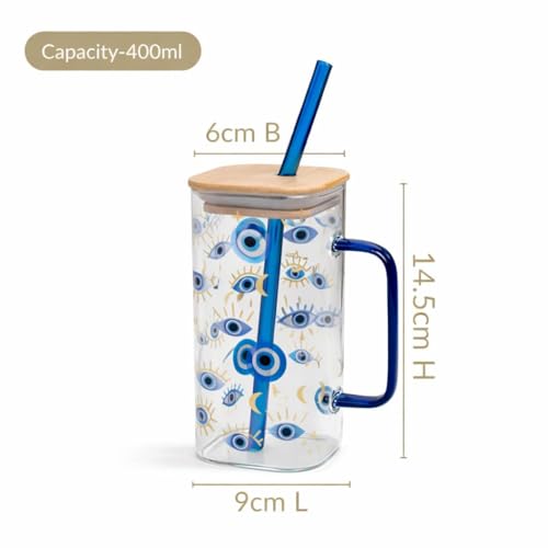 Image of FUNKYFINDS Evil Eye Glass Coffee Cup with Handle 400 ml Glass Can for Hot /Cold Beverages Cappuccino Latte Espresso Beer Hamsa Blue Evil Eye for Protection Tumbler Mug Heat-Resistant and Freezer Safe