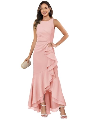 OFEYCHUN Sleeveless Mother of The Bride Dresses for Women High Low Satin Ruffle Formal Dress