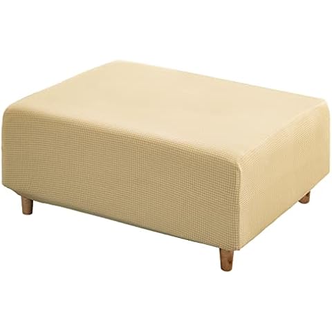 RECYCO Stretch Ottoman Cover Rectangle Storage Stool Slipcovers with Elastic Band, Footrest Protector with Spandex Jacquard Fabric (Beige，X-Large) Cover