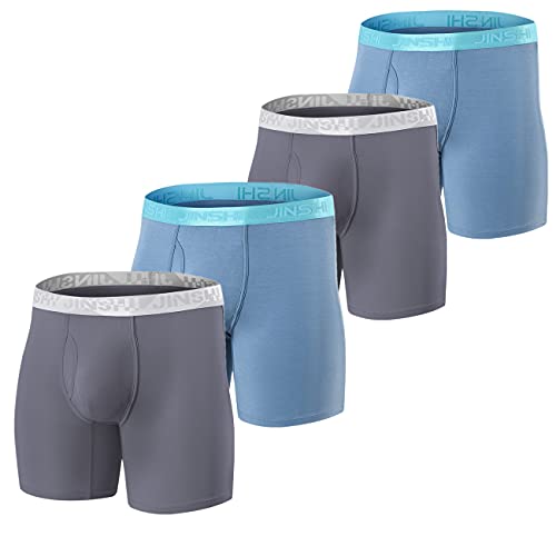 JINSHI Bamboo Viscose Men's Underwear Boxer Briefs 4 Pack Long Leg Underpants Open Fly Sport Soft Breathable M