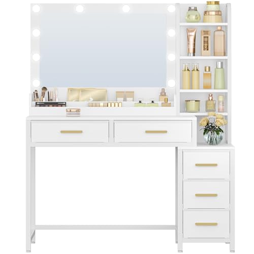 HEXCELEN Tocador de Maquillaje con Luz LED, 3 Colores, Brillo Ajustable, Tocador con Grote Espejo, Mesa de Maquillaje con 5 Cajones y 5 Compartimentos Abiertos, 40 × 110 × 141 cm, Moderno, Blanco