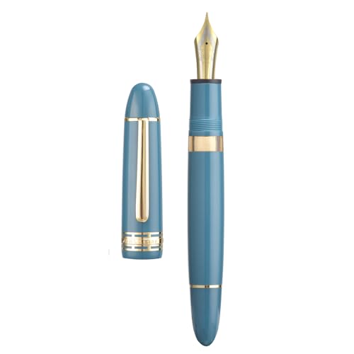 Yongsheng Junlai 630 Acrylic Fountain Pen, Size 8 Medium Nib with Piston Filling System, Indigo Blue Transparent Ink Tank with Torpedo Shape Design Smooth Writing Pen (Gold Trim)