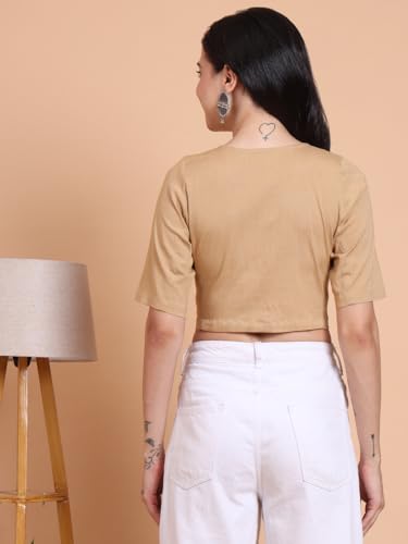 Image of Yash Gallery Women's Stretchable Rayon Lycra V-Neck Short Sleeve Front Open with Hook Stylish Crop Blouse Top for Ethnic Beige Designer Festive Choli Blouse