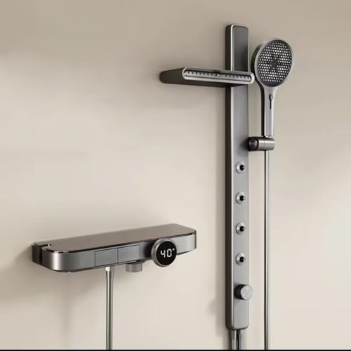 Grifo Mezclador de Ducha de Pared para Bañera Color Gris Plomo con Barra de Ducha Elevable Mezclador Monomando con Indicador de Temperatura