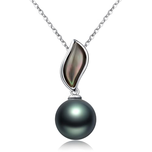 VIKI LYNN Perle de Tahiti Fantaisie Collier Femme Pendentif de Perle Culturelle Noire 9-10mm de Classe AAA Flamme d'Amour Argent Fin 925/1000 Taille 45cm
