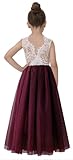 2Bunnies Girl Rose Lace Back A-Line Straight Tutu Tulle Party Flower Girl Dresses (Burgundy Sleeveless Maxi, 7/8)