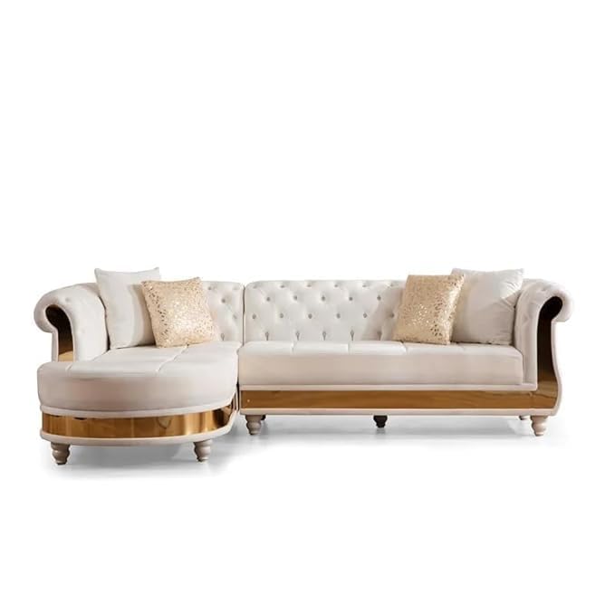 Image of Modern Classic L Shape Sectional Sofa Set, Chesterfield Style 4 Seater Sofa Set with Pillows for Living Room, Bedroom and Office, Office, and Hallway Colour (Beige Gold)