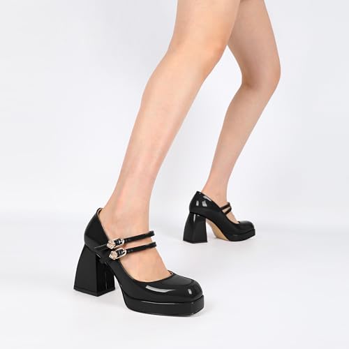 AUMOTED Women's Chunky Heels Platform Mary Janes Shoes Square Toe Pumps Patent Leather Block High Heel Dress Shoes 3.5 Inch4