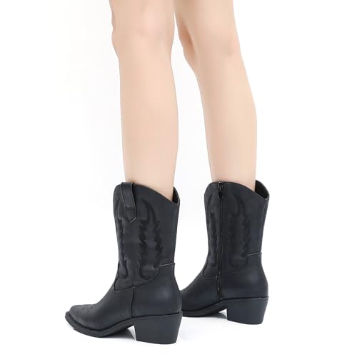 Image of GLOBALWIN Women's Square Toe Cowgirl Boots Classic Mid-Calf Cowboy Boots With Embroidered Stitching Low Heel Comfortable Western Boots For Country Outfits