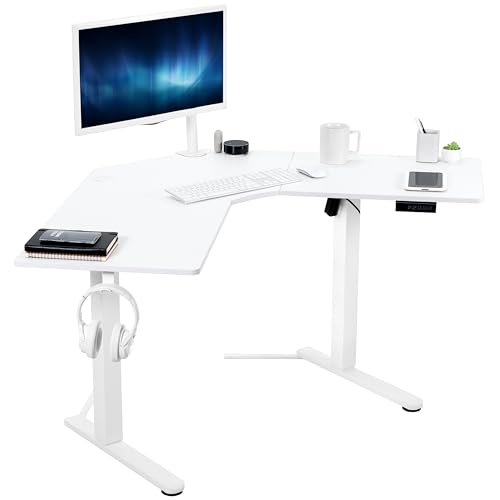 Image of VIVO White 47 x 47 in Corner Standing Desk, DESK-E1L94W | Electric, Holds 154 lbs, L-Shaped Table, Sit Stand, Height Adjustable, Memory Presets, Home Office, White Frame