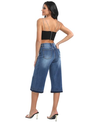 Womens Capris Wide Leg Stretchy High Waisted Frayed Hem Loose Denim Jeans4