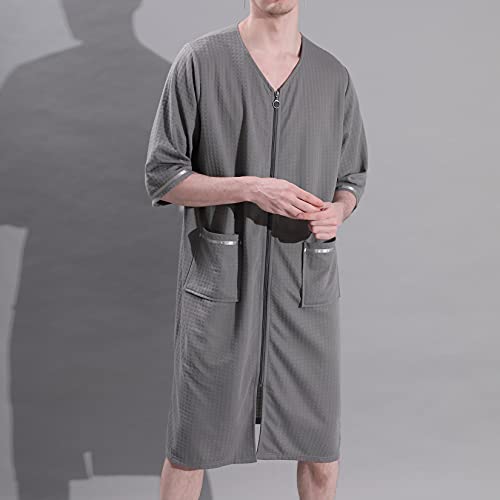 Lu's Chic Men's Waffle Robe Lightweight Bathrobe Zipper Housecoat Zip Front House Coat Casual Nightgown 3/4 Sleeve Lounge Side Split With Pockets Grey Small-Medium #TOP4