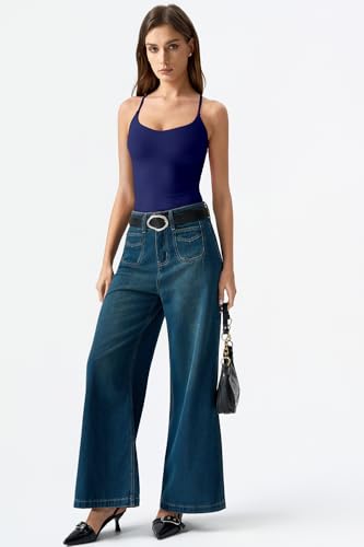 Image of QINSEN Womens Cross Back Tank Top V Neck Double Lined Camisole Top Sleeveless Spaghetti Strap Going Out Tops