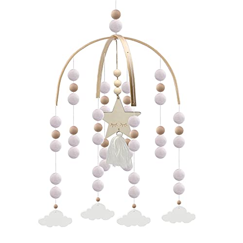 Image of Mobile for Crib,Neutral Baby Crib Mobile,Wooden Bead Crib Mobile,Nuesery Cot Mobile,Felt Ball Mobile,Handmade Baby Mobile Pom Pom Mobile Ceiling Mobile for Nursery Decor（White-Clouds）
