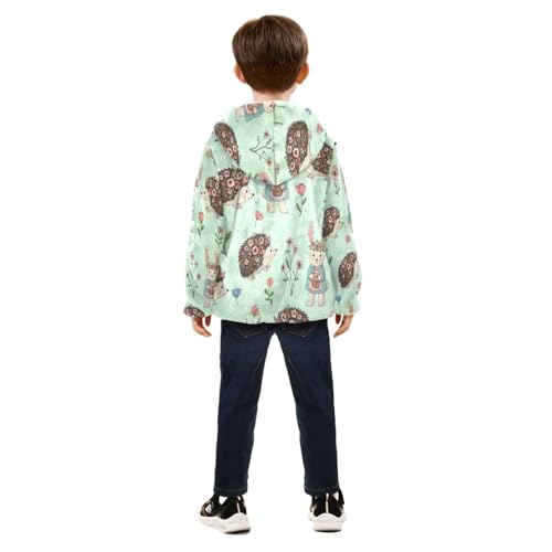 Cute Hedgehog and Rabbit Floral Toddler Fleece Jacket Girl Boys Hooded Fleece Jacket Coat Warm Outwear Zip-up 3-10T4