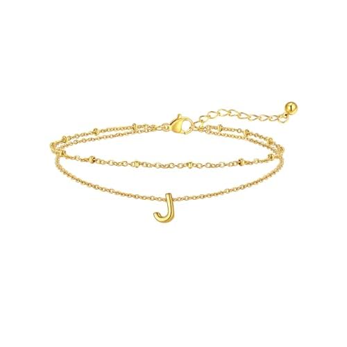 FaithHeart Initial Ankle Bracelets for Women, Waterproof 14k Gold Plated Initial Anklets Non Tarnish Stainless Steel Layered Anklet Summer Beach Foot Jewelry Gift for Women gold A