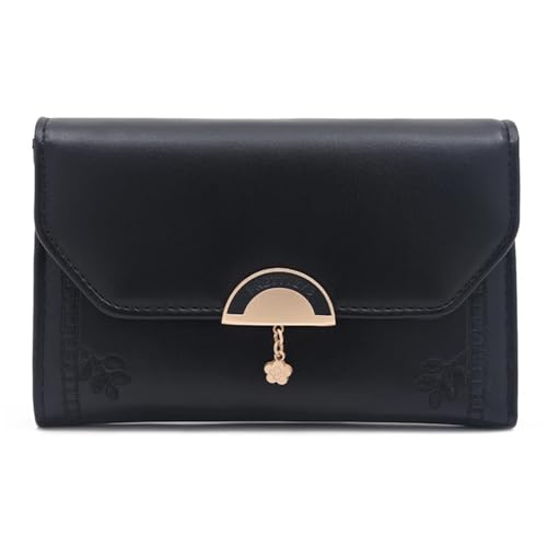 MTKSFDC Monedero Mujer Monedero Mediano con Tarjetero de Piel sintética for Mujer, Monedero de Gran Capacidad con diseño de Hojas, Monedero de Tres Pliegues for niña(Black)