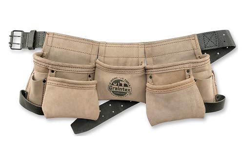Graintex DS2243 :: 9 Pocket Children Tool Belt Beige Color Suede Leather, Kids Real Tool Belt, Boys and Girls Tool Apron for Home Improvement, 1.1/2" Leather Belt, Hammer Loops