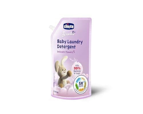 Image of Chicco Baby Laundry Detergent 1L Pouch - Delicate Flowers | Liquid Detergent for Baby Clothes | Kills 99% Bacteria and Fungi | 5X Stain Fighter | Free From Harsh Chemicals & Colorants