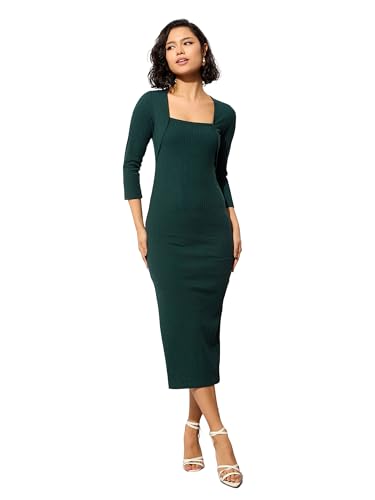 Image of barcino Black Rib Square Neck Sticth Detail Midi Dress