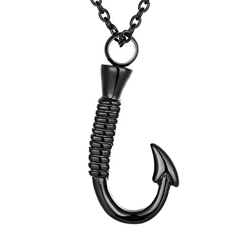 Norya Fish Hook Cremation Jewelry Ashes Urn Necklace Pet Holder Memorial Pendant Stainless Steel Waterproof Urn Pendant (Black)