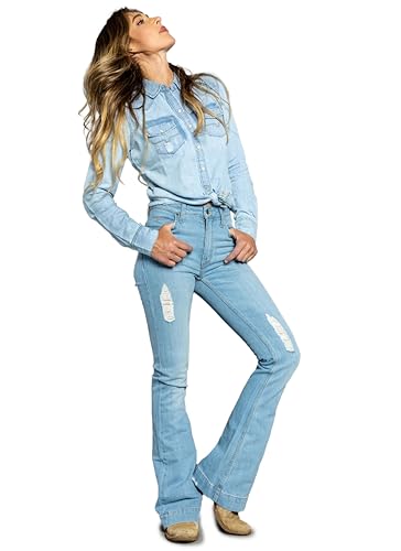 Kimes Ranch Women's Sugar Fade Casual Western Ultra-High Rise Wide Flare Distressed Blue Washed Denim Jeans