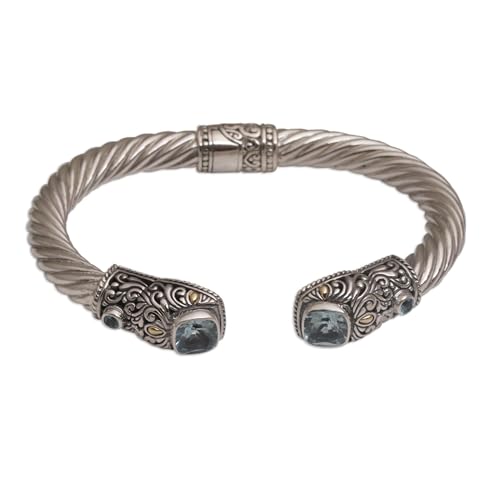 NOVICA Artisan Handmade Blue Topaz Gold Accent Cuff Bracelet Sterling Silver with Accents Tone Indonesia Gemstone Birthstone [6 in L (end to End) x 0.5 in W] ' Dazzling Crest'2