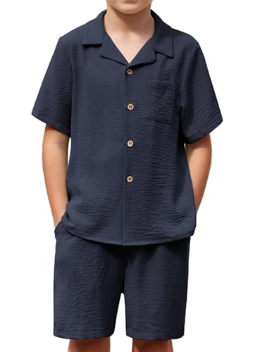 Image of Arshiner Boys 2 Pieces Summer Beach Outfits Short Sleeve Button Down Shirts and Shorts Vacation Texture Sets for Kids