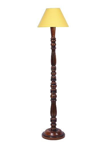 Image of Floor Lamp with Wooden Base - Height 55 inch, Yellow | Modern Standing Lamp for Living Room, Bedroom & Office | Stylish & Elegant Home Lighting Decor | Tall Decorative Lamp