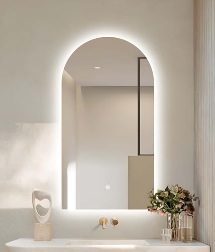 Miroir arche Led Salle de Bain, Miroir Salle de Bain avec EclairageBande Lumineuse Étanche, Miroir Lumineux Salle de Bain 3 Températures de Couleur Réglables, Fonction Mémoire, Anti-buée(60cm*100cm)