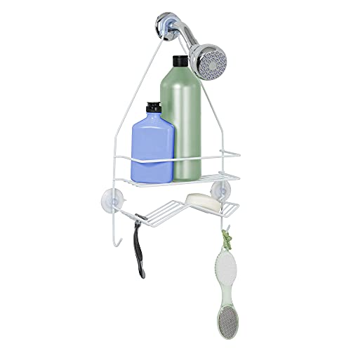 Zenna Home Rust Resistant Hanging Shower Caddy, Over the Shower Head Caddy with 1 Wide Shelf and Built In Soap Dish, Steel Bathroom Hanging Organizer, White