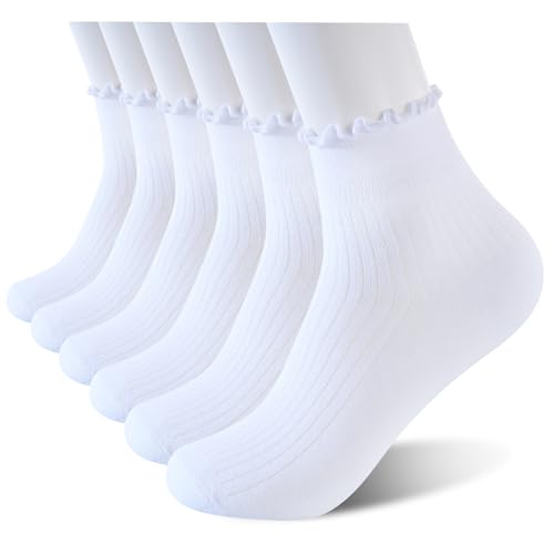 6 Pairs Cotton Ruffle Socks Women, Cute Breathable Frilly Casual Ankle Socks - Main Image