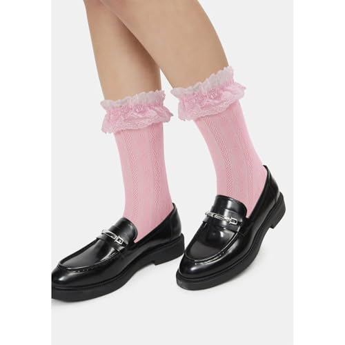 Image of Women Lace Ruffle Socks White Black Frilly Lolita Crew Dress Socks