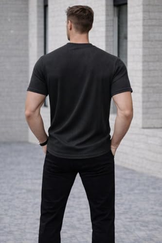 Image of Mack Jonney Men's Striped Ribbed Black Half Sleeve T-Shirt | Premium Soft Stretch Fabric | Casual Wear Round Neck Tee-M6358