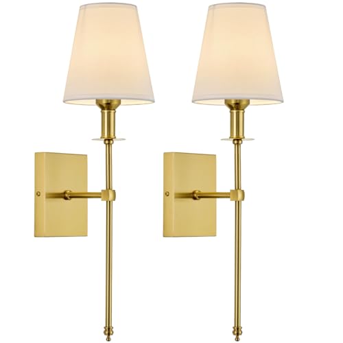 Image of PASSICA DECOR Wall Sconces Set of 2, Hardwired Gold Sconces Wall Lighting, Vintage Wall Lamps with Fabric Shade for Bathroom, Bedroom, Hallway, Living Room