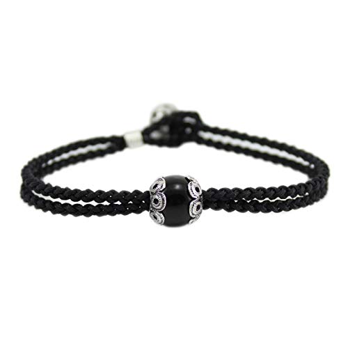 Filu & Trama armband Sardo op kokosbal, zwarte bal en bewerkte schalen met knop zilver