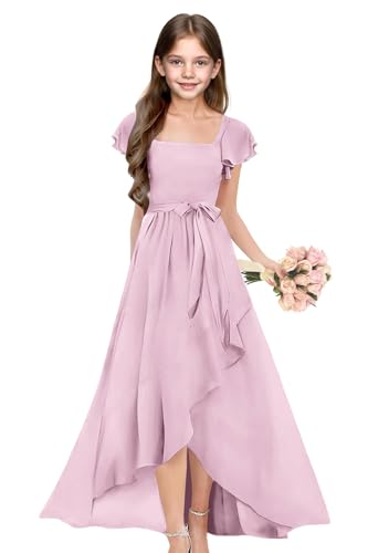 Junior Bridesmaid Dress Short Sleeves Chiffon Flower Girl Dress for Wedding High Low Girls Pageant Dresses JBD1573
