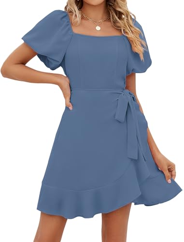 Image of Sampeel Womens Summer Dresses Square Neck Puff Sleeve Tie Waist Short Dress