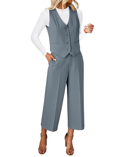 luvamia Womens Suits 2 Piece Set Business Spring 2 Piece Outfits Palazzo Pants for Women Dressy Set Gray Vest for Women Work Gray X-Large Fits Size 16 / Size 18