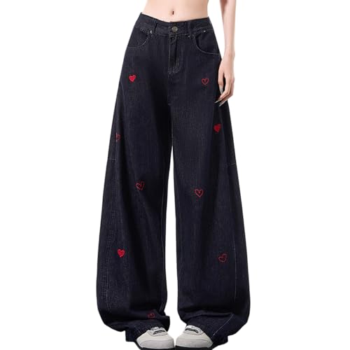 Women's Cute Casual High Waisted Wide Leg Jeans Y2K Vintage Kawaii Heart Embroidered Baggy Denim Pants